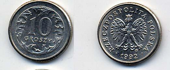 Польша 10 грошей 1992 MW KM 279 медно-никель UNC 58-1247