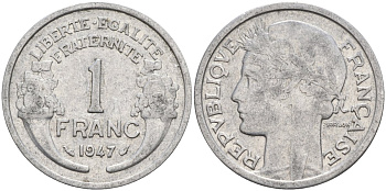Франция 1 франк 1947 KM 885a.1 алюминий 4142-951