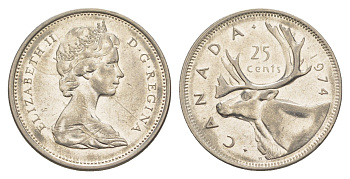 Канада 25 центов 1974 Елизавета II (1952-2022), олень KM 62b никель 4638-516