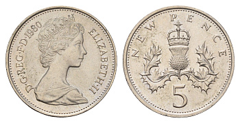 Великобритания 5 новых пенсов 1980 Елизавета II (1952-2022) KM 911, Spink 4233 (D1) медно-никель UNC 3996-825
