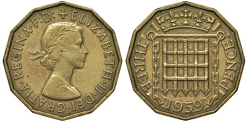 Великобритания 3 пенса 1959 Елизавета II (1952-2022) KM 900, Spink 4153 никель латунь 4122-933