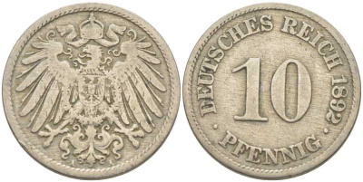 ГЕРМАНИЯ 10 ПФЕННИГОВ 1892 А KM 12, J. 13 медно-никель 210-625