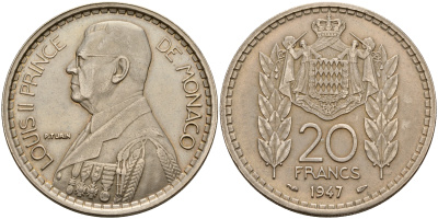 Монако 20 франков 1947 Луи II (1922-1949) KM 124 медно-никель  aUNC  4117-115