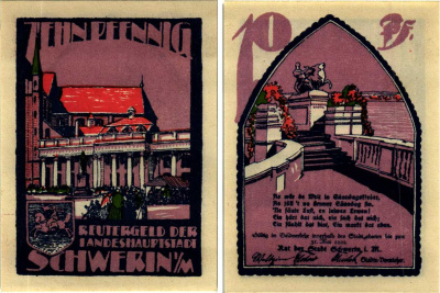 ШВЕРИН 10 ПФЕННИГОВ 1922 НОТГЕЛЬД, 31 МАЯ 1921, ЗЕМЛЯ МЕКЛЕНБУРГ-ПЕРЕДНЯЯ ПОМЕРАНИЯ Grabowski 1214.1 бумага 6318-47-1-2