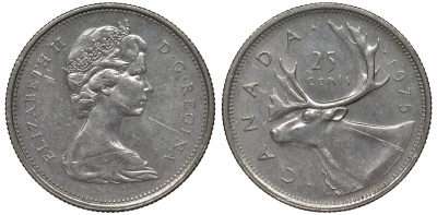 Канада 25 центов 1975 олень карибу, Елизавета II (1952-) KM 62b никель 4128-646
