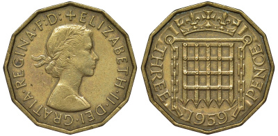 Великобритания 3 пенса 1959 Елизавета II (1952-2022) KM 900, Spink 4153 никель латунь 4122-933