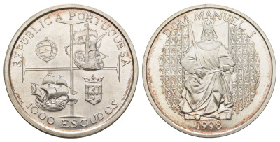 Португалия 1000 эскудо 1998 Король Мануэл I KM 713 серебро BU 1088-3-21