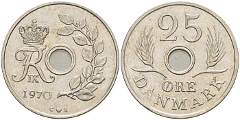 ДАНИЯ 25 ЭРЕ 1970 С; S, ФРЕДЕРИК IX (1947-1972) KM 855.1 медно-никель 94-457