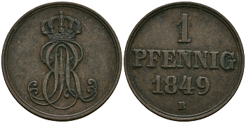 Ганновер 1 пфенниг 1849 B, Эрнст Август (1837-1851) KM 201.1, AKS 129, J. 74 медь 4608-1027