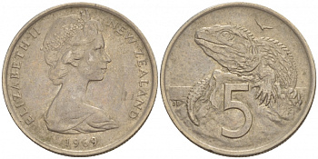 Новая Зеландия 5 центов 1969 Елизавета II (1952-2022), ящерица гаттерия KM 34.1 медно-никель 4528-851