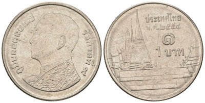 Таиланд 1 бат 2011 BE 2554, Рама IX (1946-2016), королевский дворец KM 443 сталь плакированная никелем aUNC 4618-834