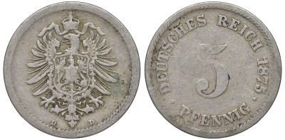 ГЕРМАНИЯ 5 ПФЕННИГОВ 1875 D, СТАРОГЕРБОВКА KM 3, J.3 медно-никель 45-466