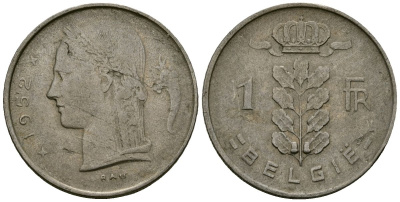 Бельгия 1 франк 1952 Belgie, Бодуэн I (1951-1993) KM 143.1 медно-никель 4172-535
