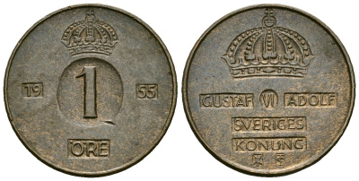 Швеция 1 эре 1955 Густав VI Адольф (1950-1973) KM 820 бронза 4173-1031