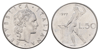 Италия 50 лир 1977 R, Бог огня Вулкан у наковальни KM 95.1 нержавеющая сталь 4119-613