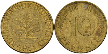 ФРГ 10 пфеннигов 1981 J J. 383, KM 108 сталь плакированная латунью    4603-517