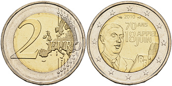 Франция 2 евро 2010 70 лет речи Шарля де Голля "Ко всем французам" KM 1676 биметалл UNC 1094-1-64