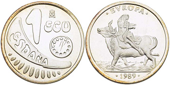 Испания 1 экю 1989 Похищения Европы  в оригинальной деревянной коробке, с сертификатом  X M23 серебро  PROOF  4-3-1-07