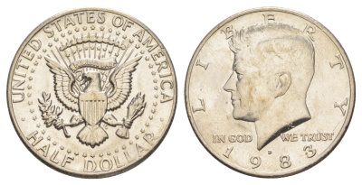 США 1/2 доллара (50 центов) 1983 D, Джон Кеннеди KM A202b медь плакированная медно-никелем aUNC 180-745