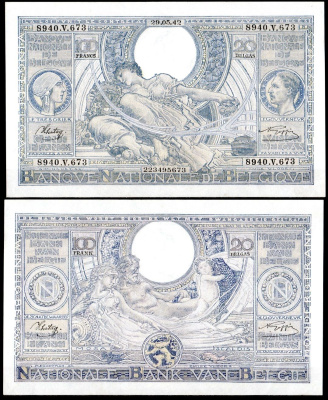 Бельгия 100 франков 1942 Pick 112 бумага 7457-62-1-1