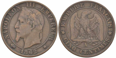 ФРАНЦИЯ 5 САНТИМОВ 1862 A, НАПОЛЕОН III (1852-1870) KM 797.1, LE FRANC 117.5 бронза 108-517