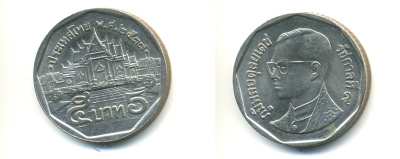 Таиланд 5 батов 1994 BE2537, король Рама IX, дворец KM 219 медь плакированная медно-никелем 177-913