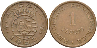 Португальская Ангола 1 эскудо 1963 KM 76 бронза 4514-641