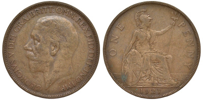 Великобритания 1 пенни 1927 Георг V (1910-1936) KM 826, Spink 4054 бронза 4123-1015