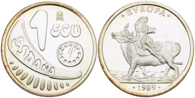 Испания 1 экю 1989 Похищения Европы  в оригинальной деревянной коробке, с сертификатом  X M23 серебро  PROOF  4-3-1-07