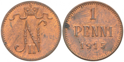 РОССИЯ ДЛЯ ФИНЛЯНДИИ 1 ПЕННИ 1915 НИКОЛАЙ II KM 13, Биткин 475 медь 4396-1434