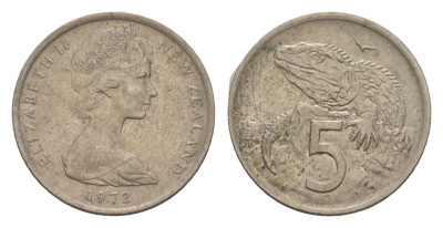 Новая Зеландия 5 центов 1972 Елизавета II (1952-2022), ящерица гаттерия KM 34.1 медно-никель 4655-1155
