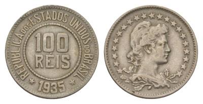 Бразилия 100 реалов 1935 KM 518 медно-никель 4625-912