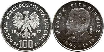 Польша 100 злотых 1977 Генрик Сенкевич (1846-1916), пробный выпуск (PROBA) KM Pr 299 серебро PROOF 441-541