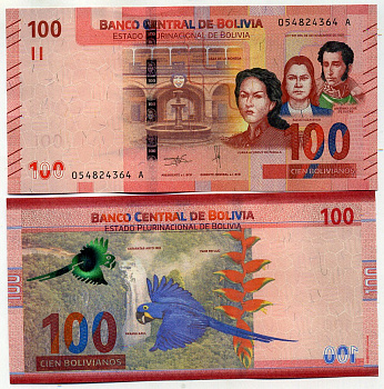 Боливия 100 боливиано 1986 (2018-2019) Хуана Асурдуй де Падилья, Алехо Калатаюд и Антонио Хосе Сукре Pick 251 (1) бумага UNC (пресс) 451-442-2