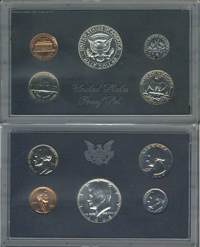 США набор из 5 монет (1, 5, 10 (дайм), 25 (квотер, 1/4 доллара) и 50 (1/2 доллара) центов) 1968 в оригинальной упаковке KM PS126 (164a, A192, 195a, 201 и 202a) PROOF 8-2-06-77