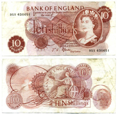 АНГЛИЯ 10 ШИЛЛИНГОВ 1966-1970 Pick 373c бумага 6312-3-3-2