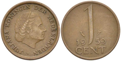 НИДЕРЛАНДЫ 1 ЦЕНТ 1959 ЮЛИАНА KM 180 бронза 66-861