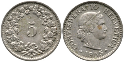 ШВЕЙЦАРИЯ 5 РАППЕНОВ 1955 KM 26 медно-никель 4528-641