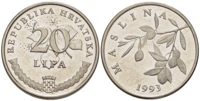 Хорватия 20 лип 1993 олива, легенда на хорватском KM 7 сталь плакированная никелем 66-529