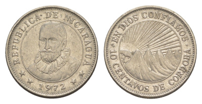 Никарагуа 10 сентаво 1972 KM 17.2a сталь плакированная никелем aUNC 4640-1025