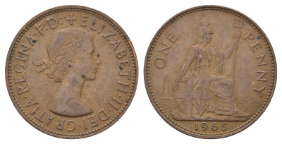 Великобритания 1 пенни 1965 Елизавета II (1952-2022) KM 897, Spink 4157 бронза 4140-336
