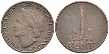 Нидерланды 1 цент 1948 Вильгельмина (1890-1948), год тип KM 175 бронза 112-317
