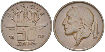 БЕЛЬГИЯ 50 САНТИМОВ 1962 BELGIQUE, БОДУЭН I (1951-1993) KM 148.1 бронза 214-449