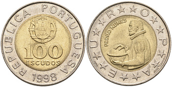 Португалия 100 эскудо 1998 Педру Нуниш (1502-1578), математик KM 645.1 биметалл 261-713