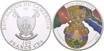 КАМЕРУН 100 ФРАНКОВ 2010 СЕРИЯ ДЕТЕНЫШИ БОЛЬШОЙ ПЯТЕРКИ, ЛЕОПАРД, ЭМАЛЬ, ТИРАЖ 1000 ЭКЗ. KM NEW медь плакированная серебром 00-000-00