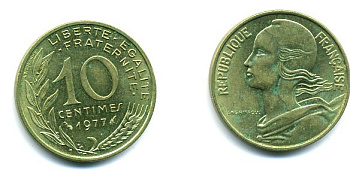 ФРАНЦИЯ 10 САНТИМОВ 1977 ТИП MARIANNE КМ 929 медь алюминий никель 3999-657