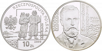 Польша 10 злотых 2008 серия польские путешественники, Бронислав Пилсудский (1866-1918) KM 649 серебро PROOF 1087-4-45