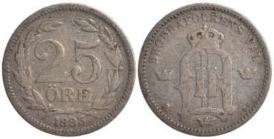 Швеция 25 эре 1883 EB, Оскар II (1872-1907) король Швеции и Норвегии KM 739 серебро 4179-818