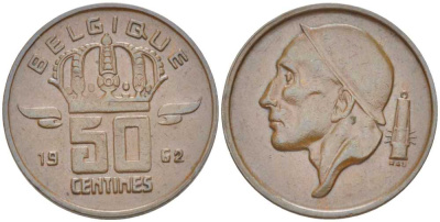 БЕЛЬГИЯ 50 САНТИМОВ 1962 BELGIQUE, БОДУЭН I (1951-1993) KM 148.1 бронза 214-449