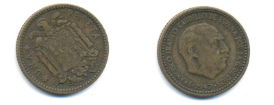 ИСПАНИЯ 1 ПЕСЕТА 1953 ФРАНСИСКО ФРАНКО ДИКТАТОР ИСПАНИИ (1939-1975) KM 775 алюминиевая бронза 54-216